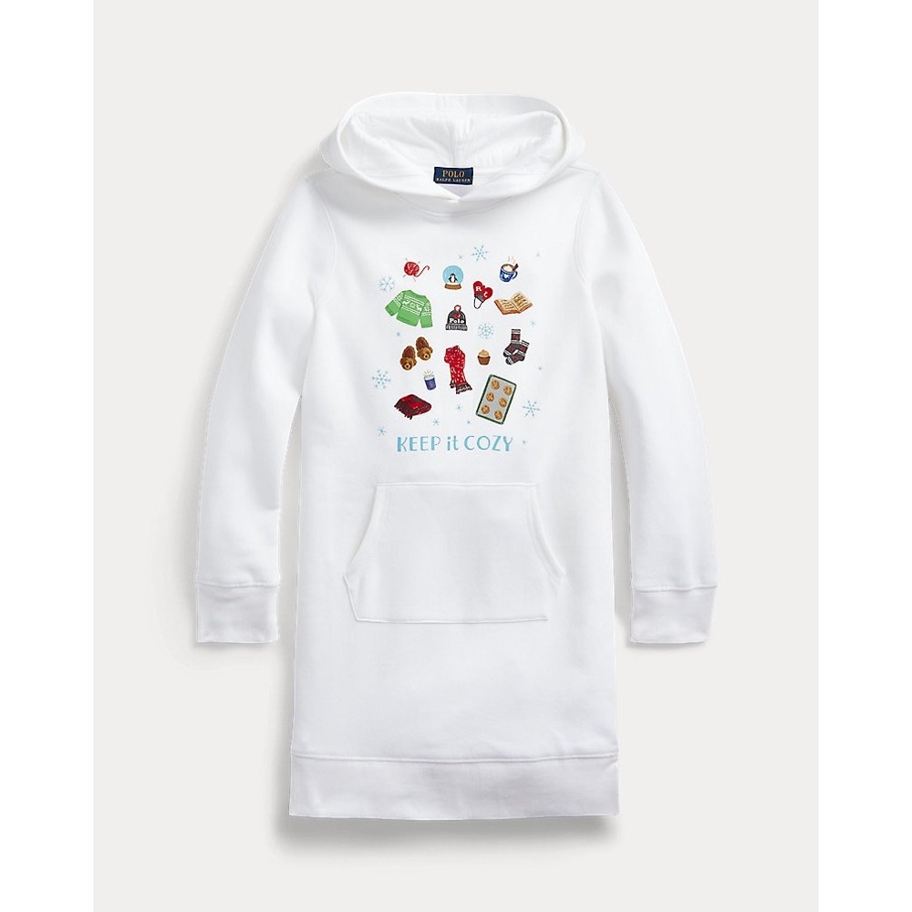 Polo Ralph Lauren Girls M 8-10 Cozy Fleece Sweater Dress White Koala Pocket NWT